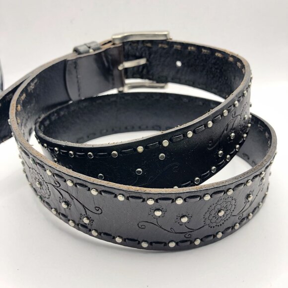 Dark Brown Almost Black Belt floral design silver tone studs filigree buckle L main image 12